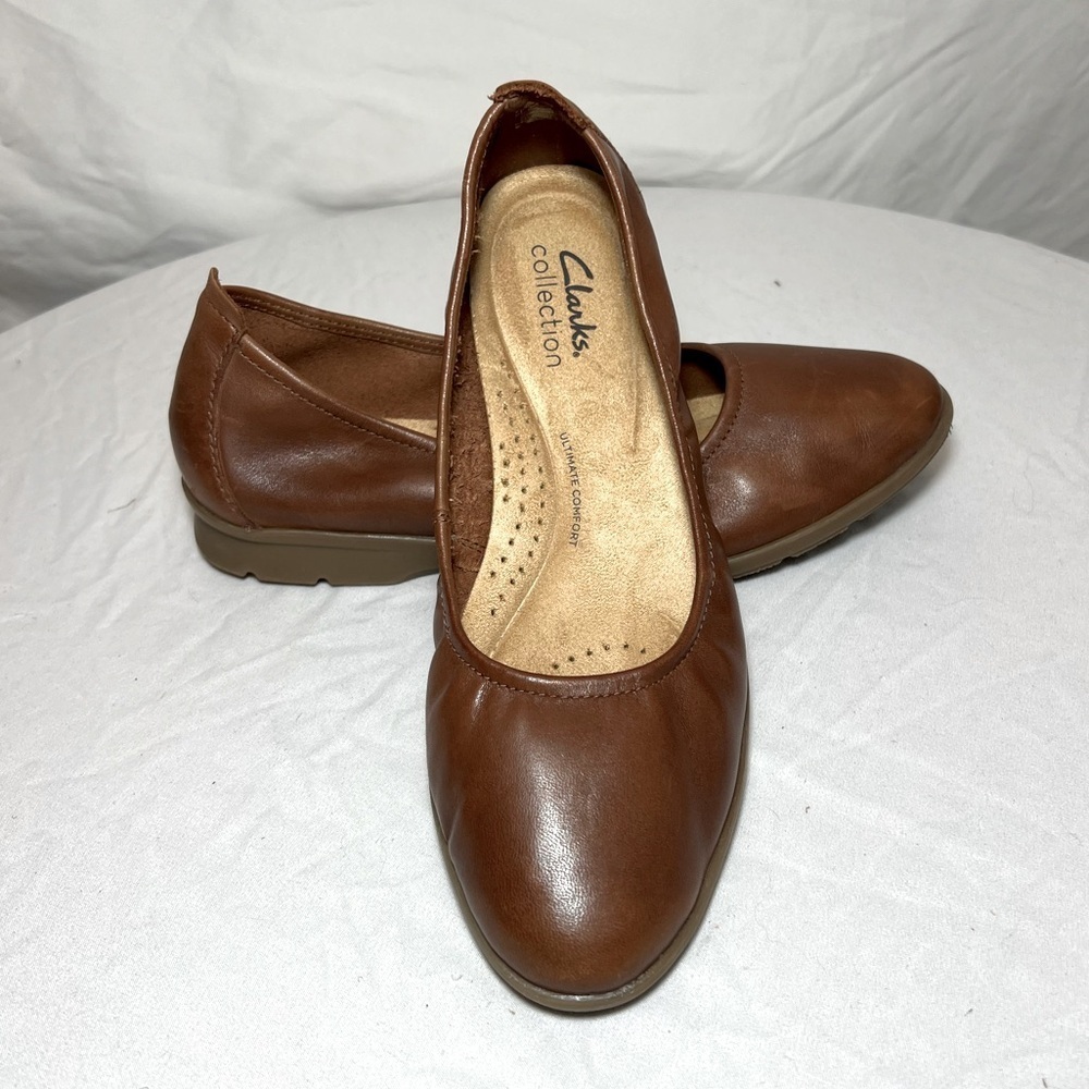 Clarks Women's Jenette Ease Ballet Flats - Dark Tan Leather - Size 6.5